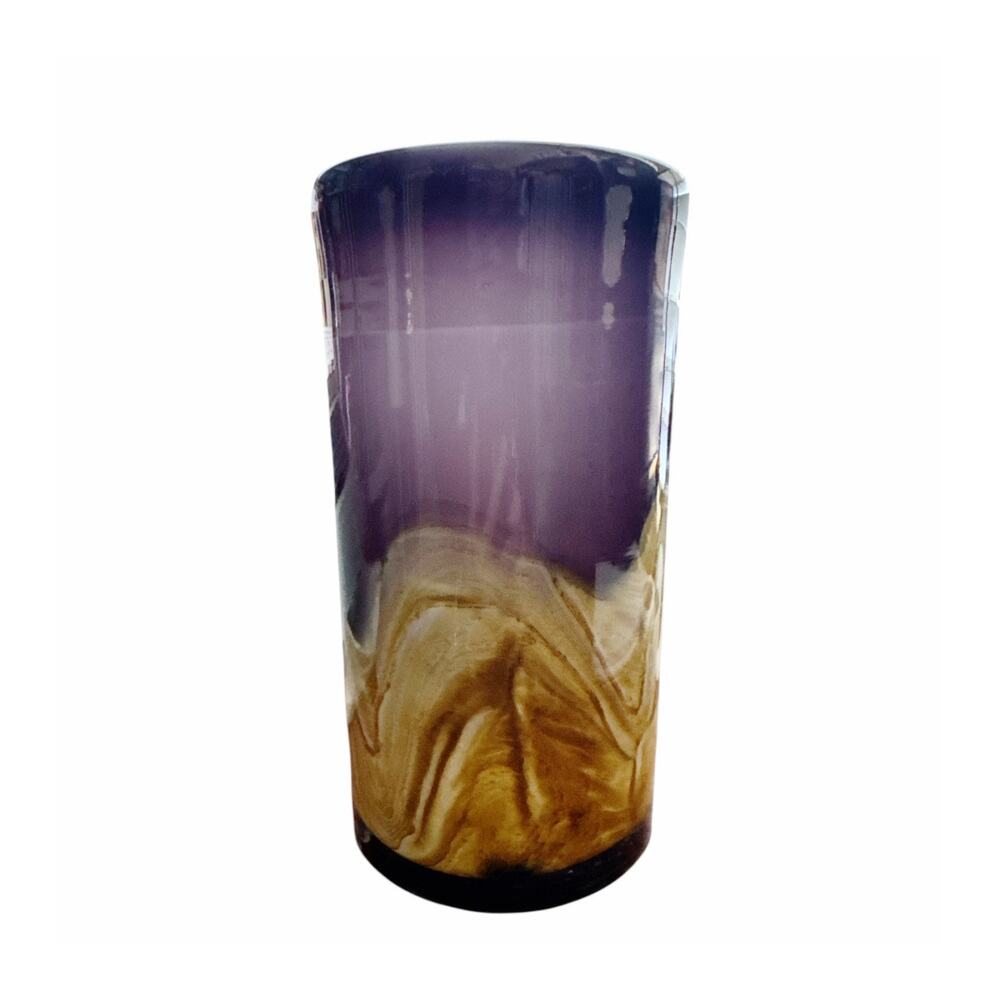 Mid Century Modern Purple Glass Vase with Tan Swirls and White Interior